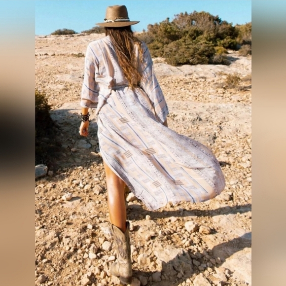 New Boho Western Print Kimono Maxi Duster Peach Blue Black - Picture 4 of 7